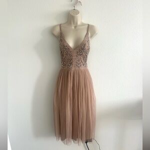 Maya Deluxe Dress US 10 Taupe‎ Beaded Tulle A-Line Midi Dress Bridesmaid Formal